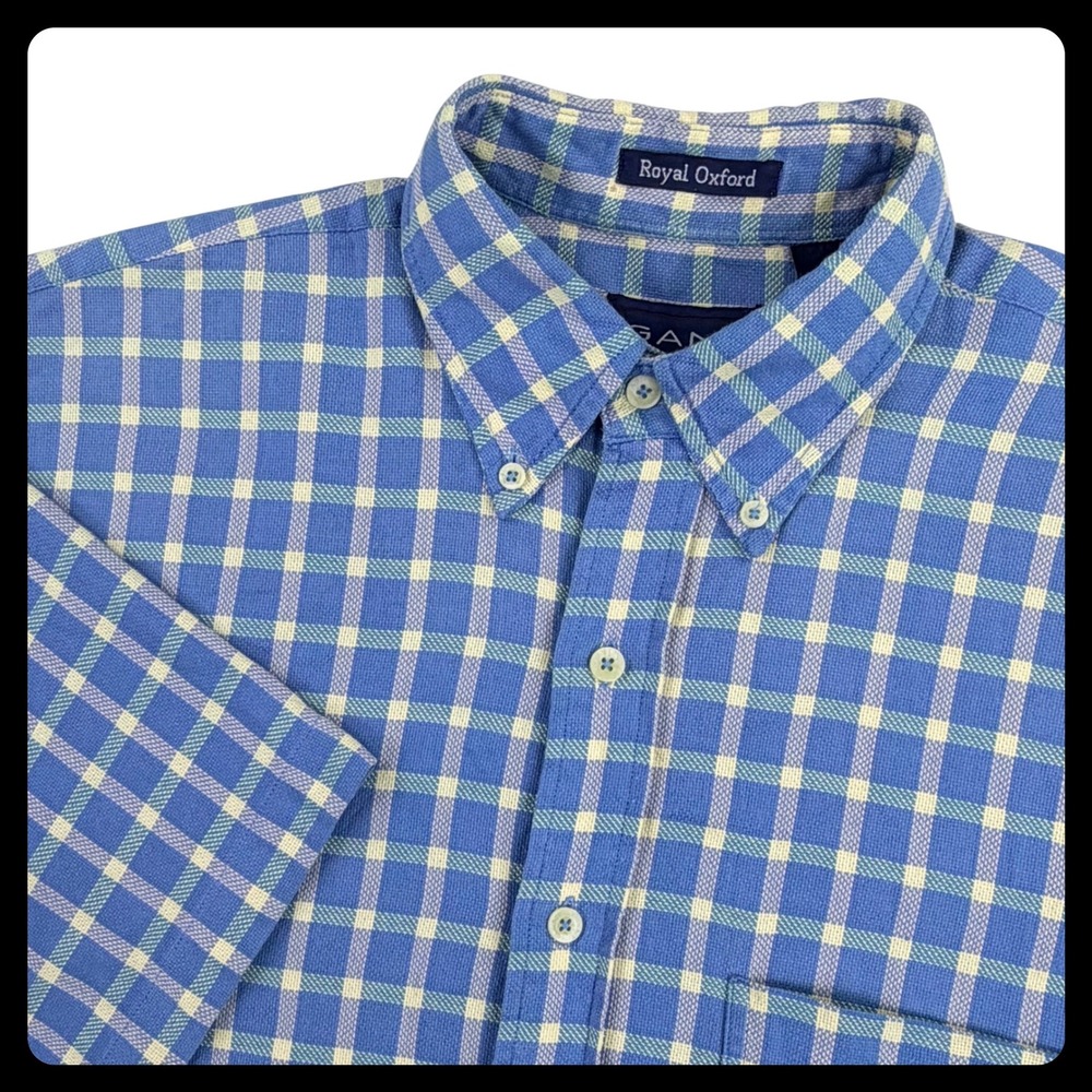 Gant Royal Oxford Button‎ Down Men Large Blue Cotton Plaid Short Sleeve OCBD